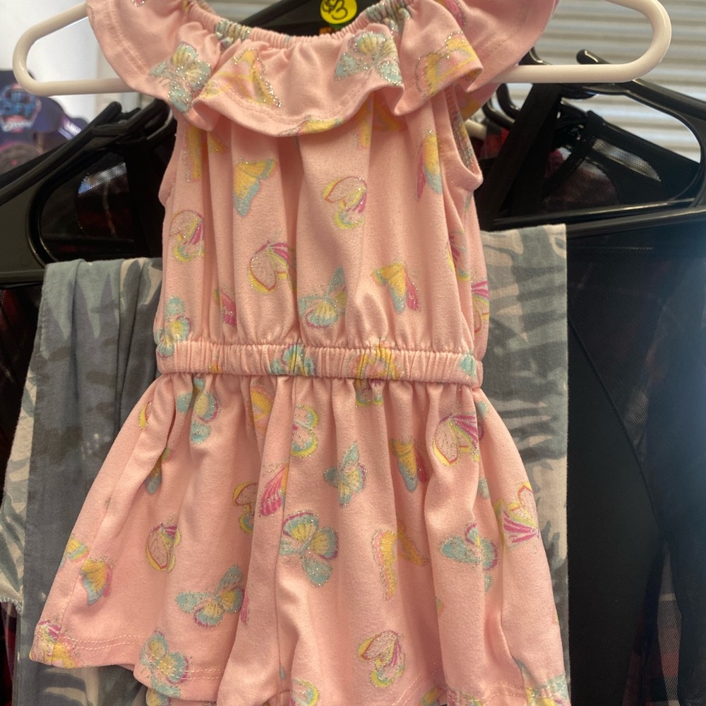 Pink Ruffle-Neck Summer Dress with Pastel Butterfly Print